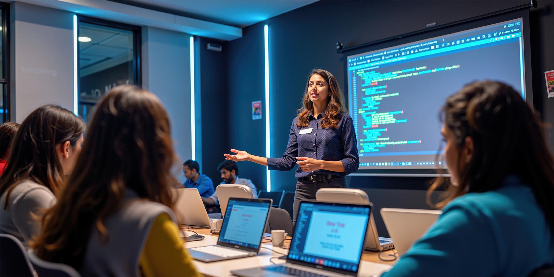 Image is of a woman in a boardroom doing a technology presentation to six colleagues whilst they take notes on their laptop. Behind her is a projector screen with her presentation deck on it.